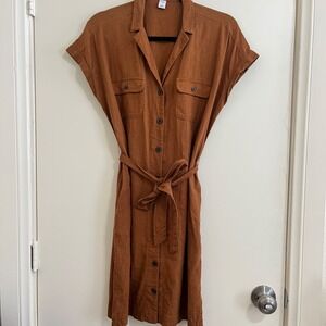 Linen Blend Shirt Dress Small Button Up Coastal Nautical Office Resort Tie Belt